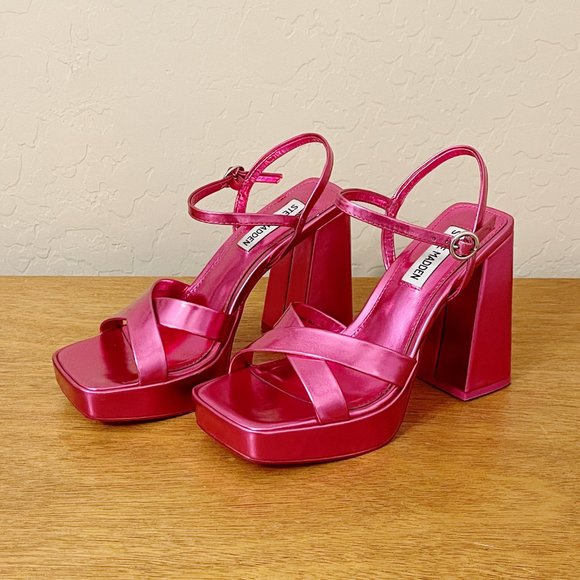 Steve Madden Heels 6 Crazy Pink Metallic Platform Block Heel Sandals Worn Once! - Picture 1 of 12
